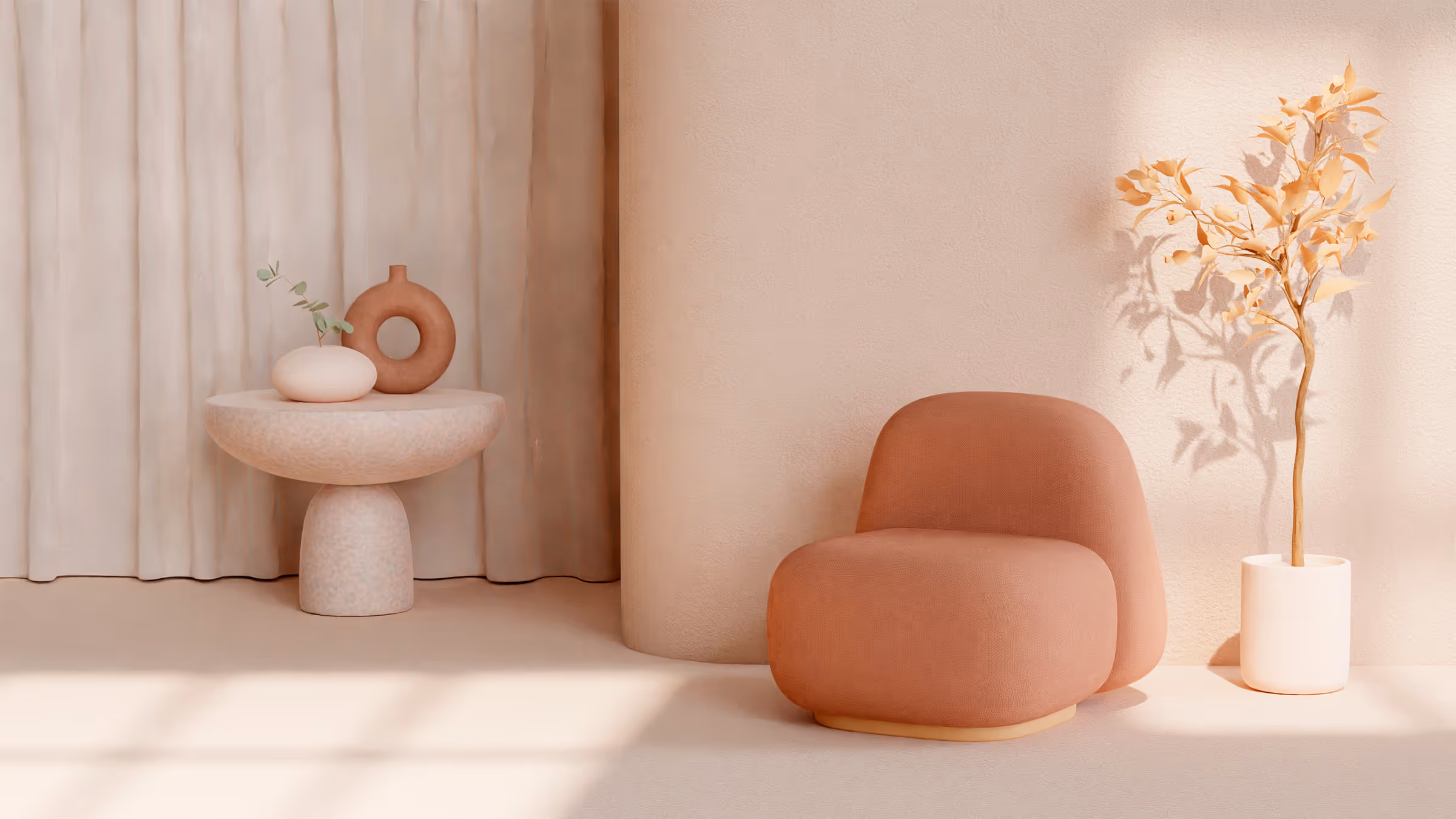 Ambiente bege minimalista com poltrona arredondada, mesa lateral e planta em vaso