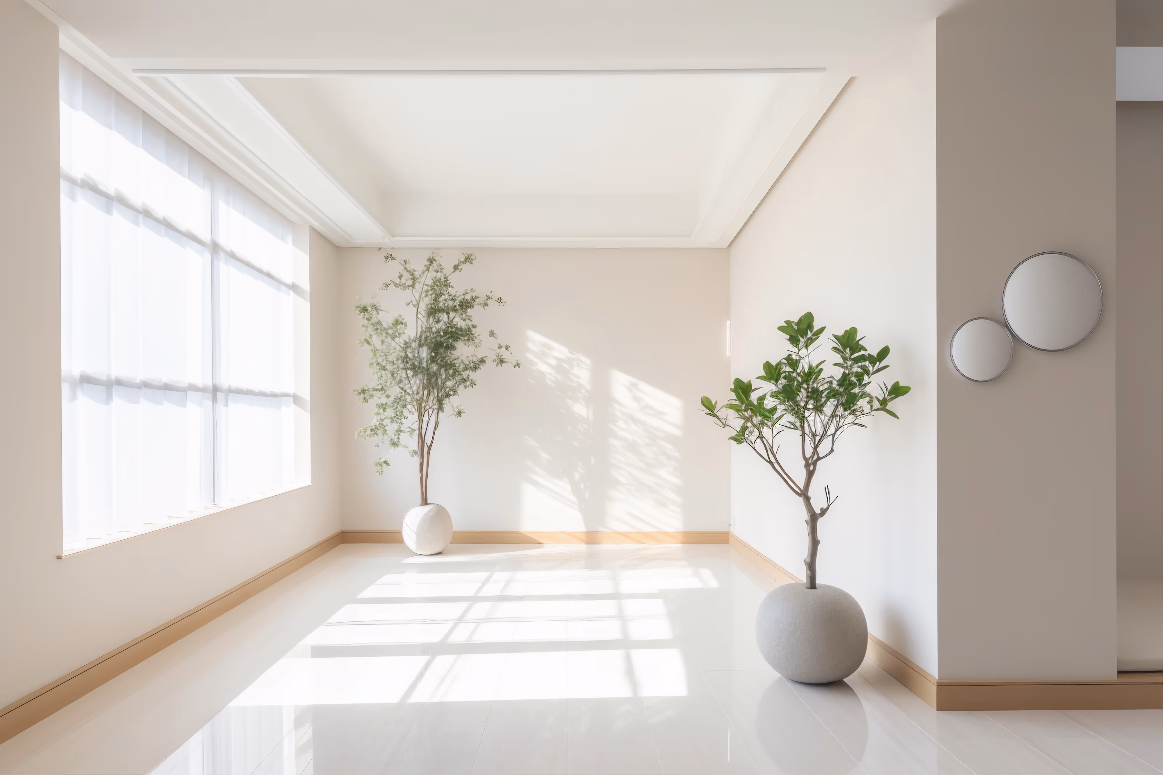 Ambiente minimalista com árvores em vaso e espelhos redondos na parede