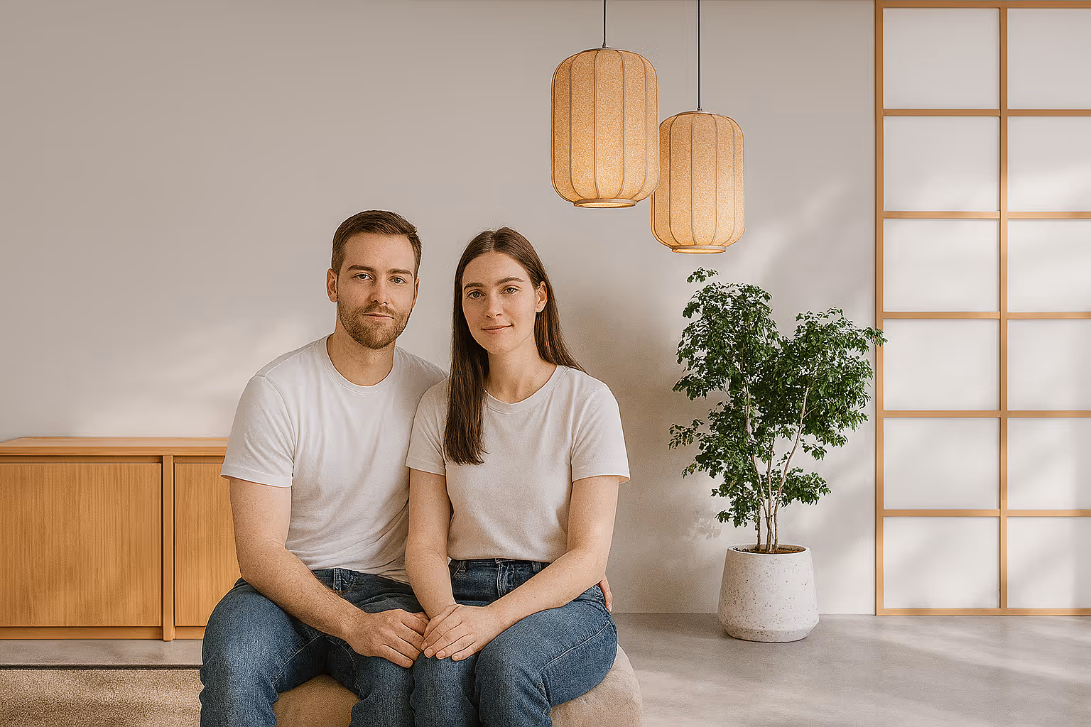 Casal sentado junto em uma sala minimalista