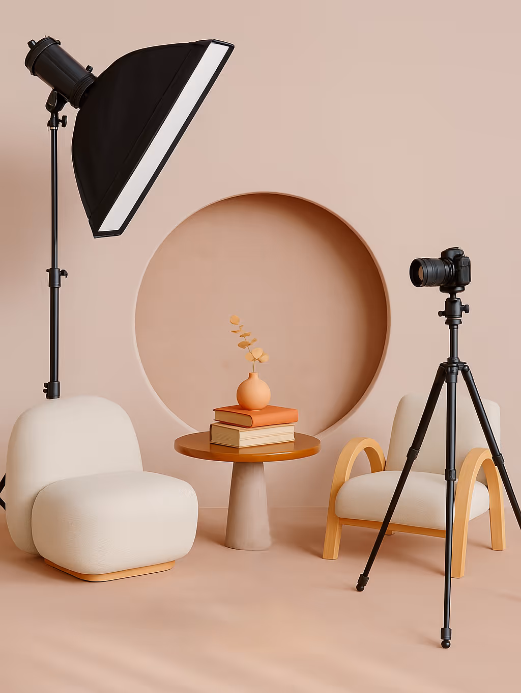 Ambiente minimalista com cadeiras, mesa e peças decorativas